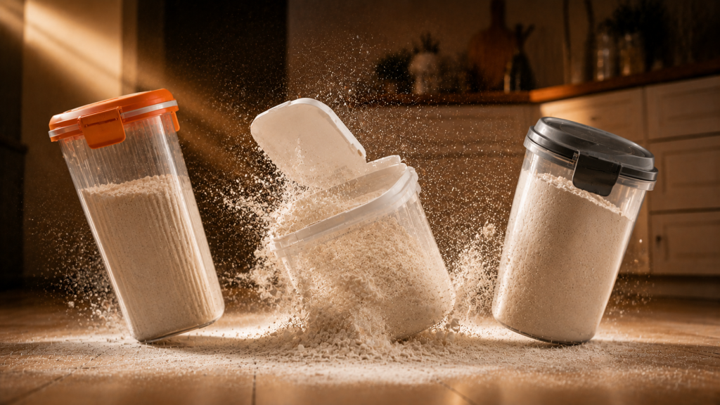 Three plastic pantry containers dropped mid-air — two remain sealed while the third pops open and spills flour, illustrating America's Test Kitchen's drop test results
