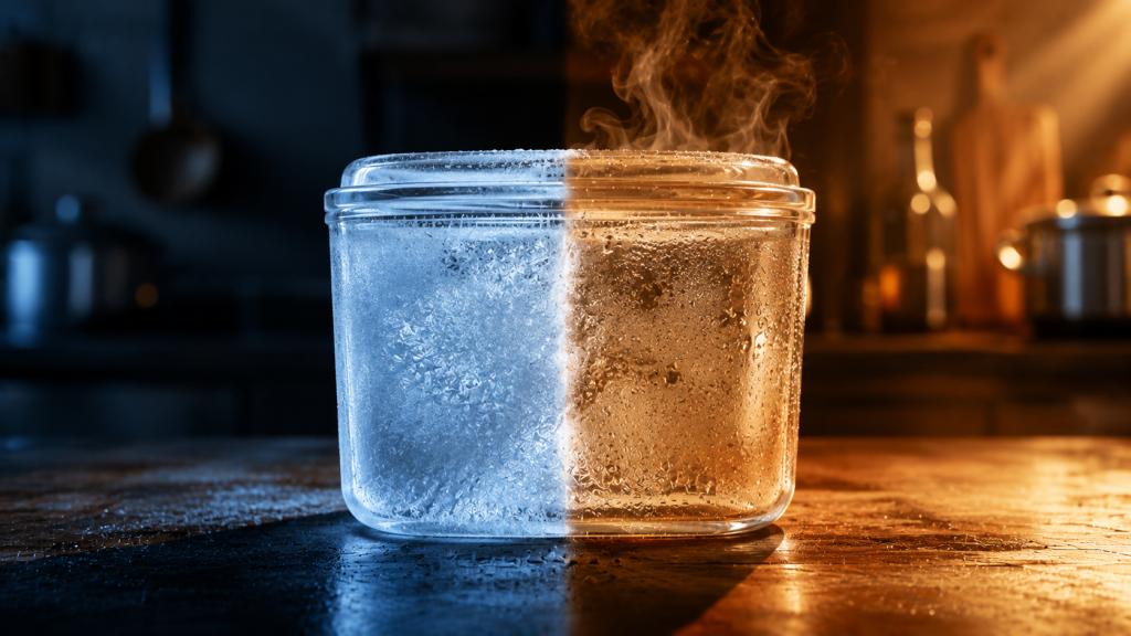 A glass container split by temperature — frosted from the freezer on one side, steaming hot from the oven on the other — illustrating glass's fridge-to-oven versatility