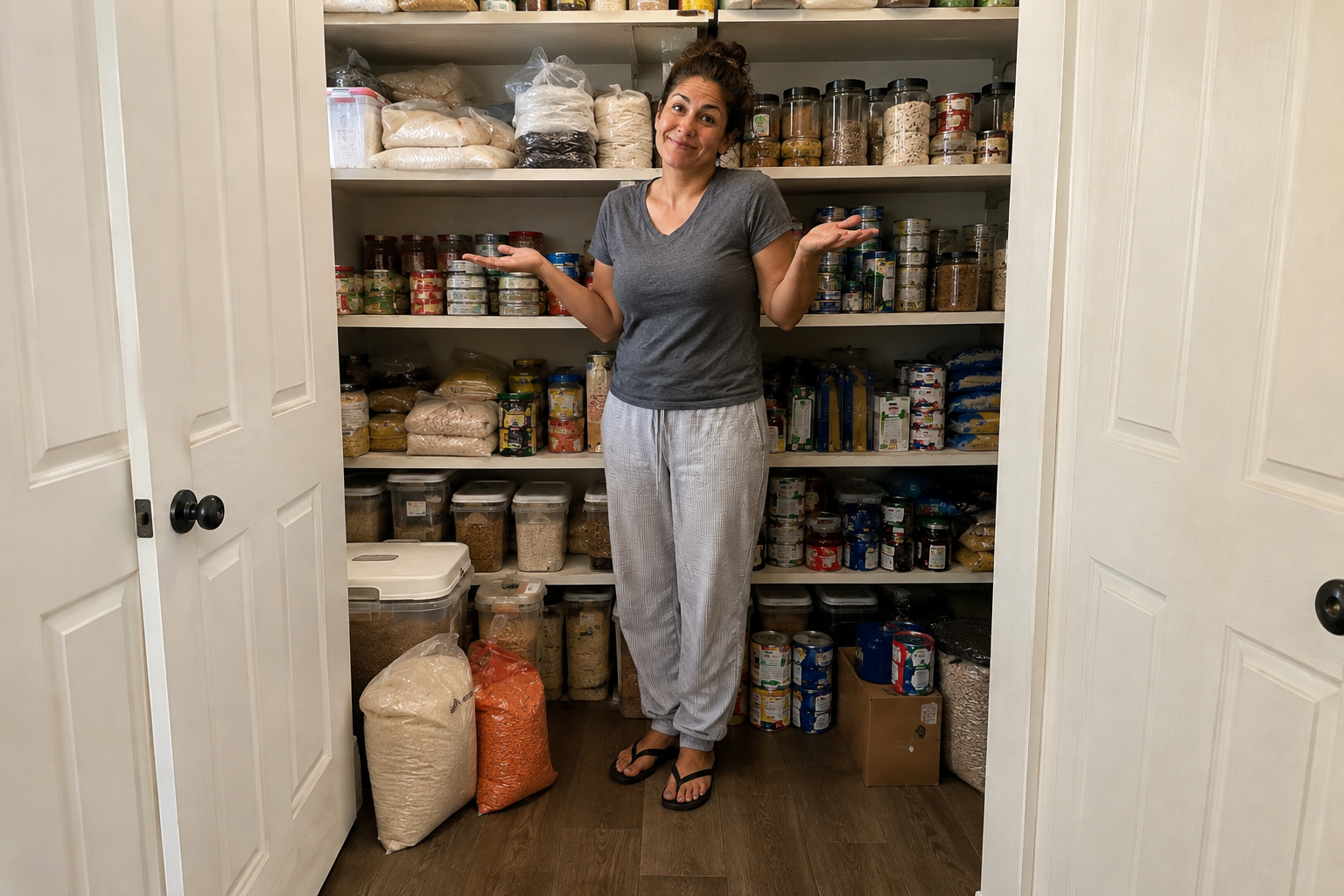 Woman standing in a home pantry surrounded by bulk-sized bags of rice, beans, lentils, pasta, and canned goods, arms raised in a good-natured shrug