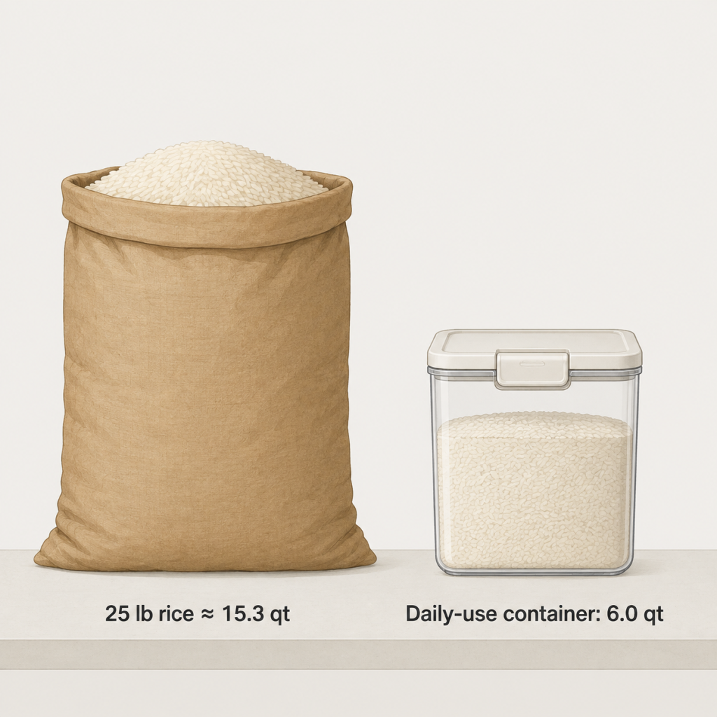 rice bag vs. container)
Comparison of a 25-pound bag of rice against a 6-quart daily-use storage container, illustrating container sizing for bulk food