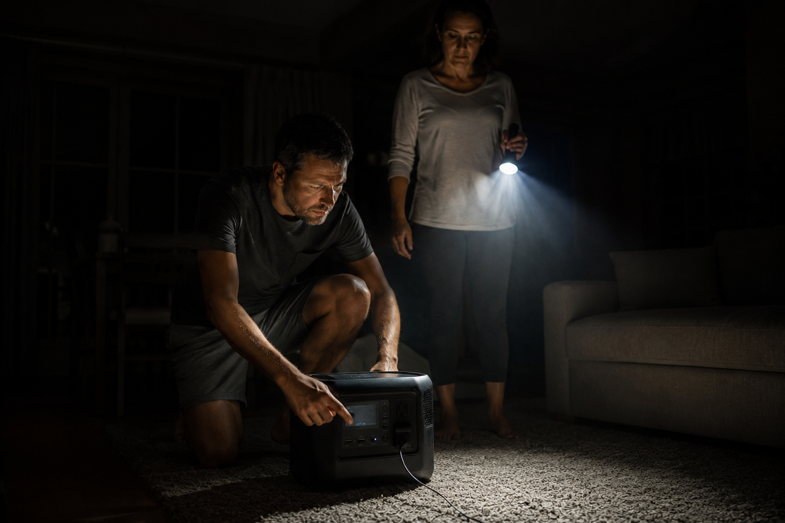 Man turning on a portable power station while his wife holds a flashlight during a power outage