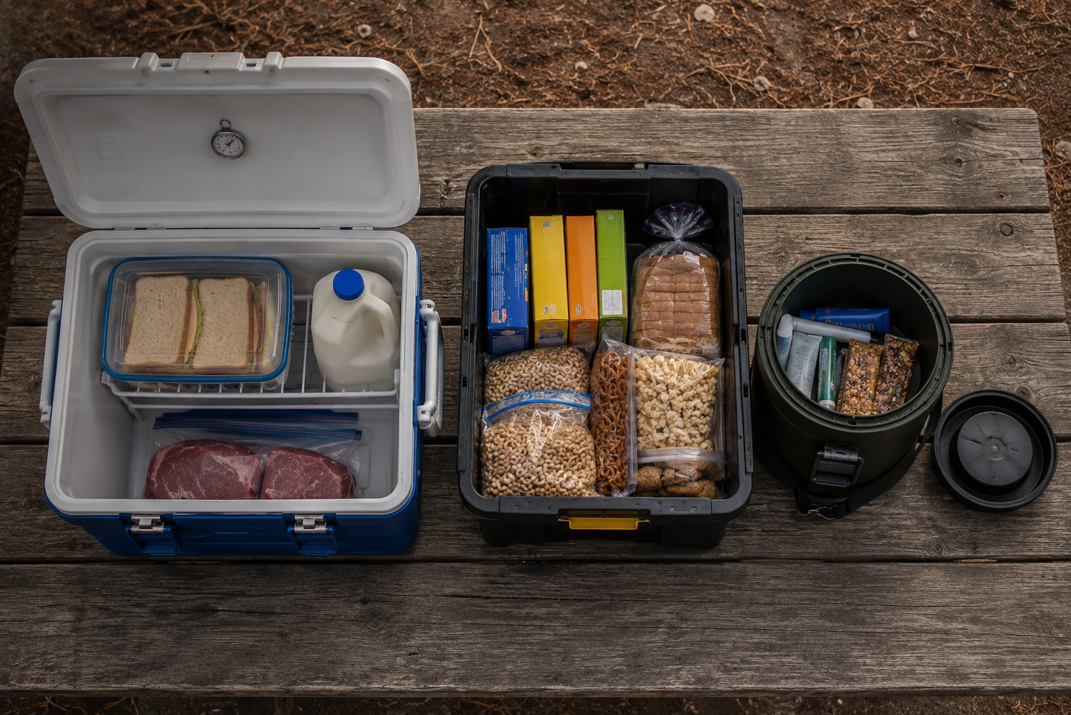 Overhead view of camping food divided into a cooler with a thermometer, a dry-goods bin, and a bear-resistant canister
