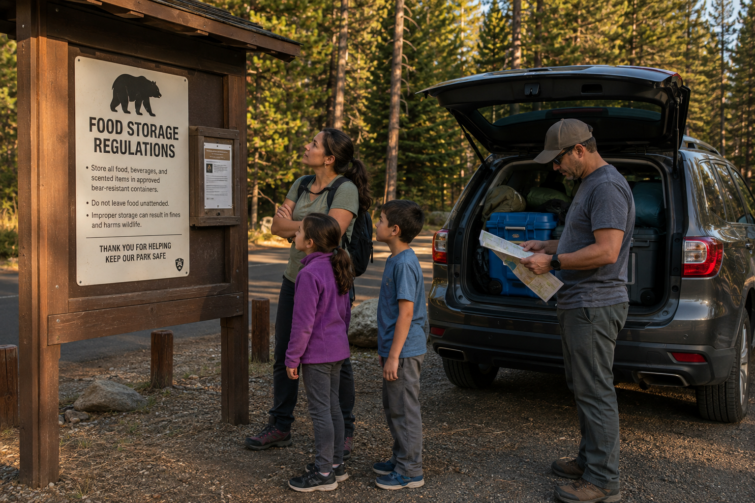 Family reading a posted food-storage regulations sign at a campground entrance next to their packed car