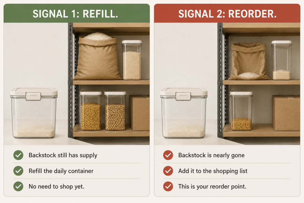 Two-panel diagram showing the difference between a refill signal, when backstock still has supply, and a reorder signal, when backstock is nearly gone