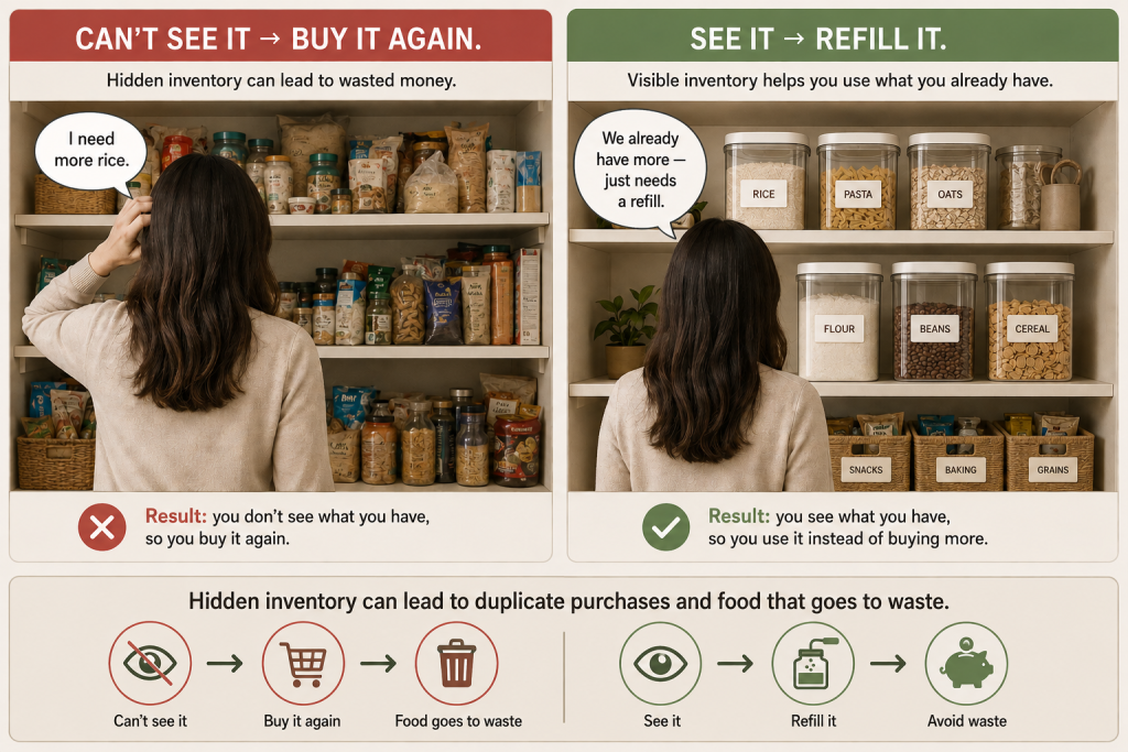 (Can't See It vs. See It)
Two-panel comparison showing how hidden pantry inventory leads to buying duplicate groceries, versus visible labeled containers that get refilled instead of rebought