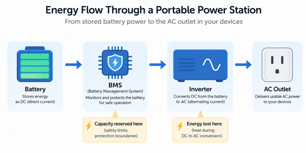 Diagram showing energy flow through a portable power station from battery to BMS to inverter to AC outlet, marking where energy is lost along the way