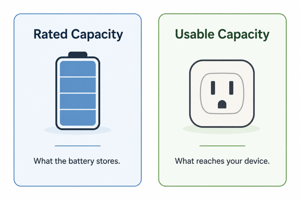 Two side-by-side graphics: Rated Capacity, shown with a battery icon and labeled 'What the battery stores,' next to Usable Capacity, shown with an outlet icon and labeled 'What reaches your device