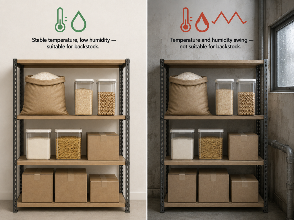 Side-by-side pantry shelves comparing a stable, low-humidity storage space suitable for backstock versus a space with temperature and humidity swings not suitable for backstock