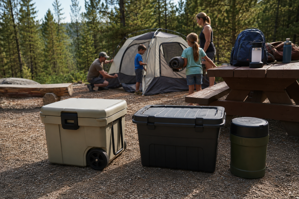Wide view of a campsite showing a wheeled cooler, dry-storage bin, and bear-resistant canister all in place together