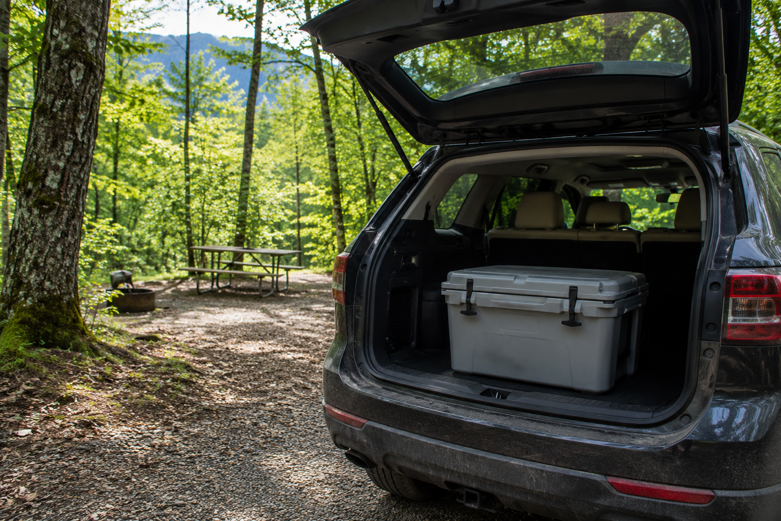 Cooler stored loosely in a car trunk at a Great Smoky Mountains campsite