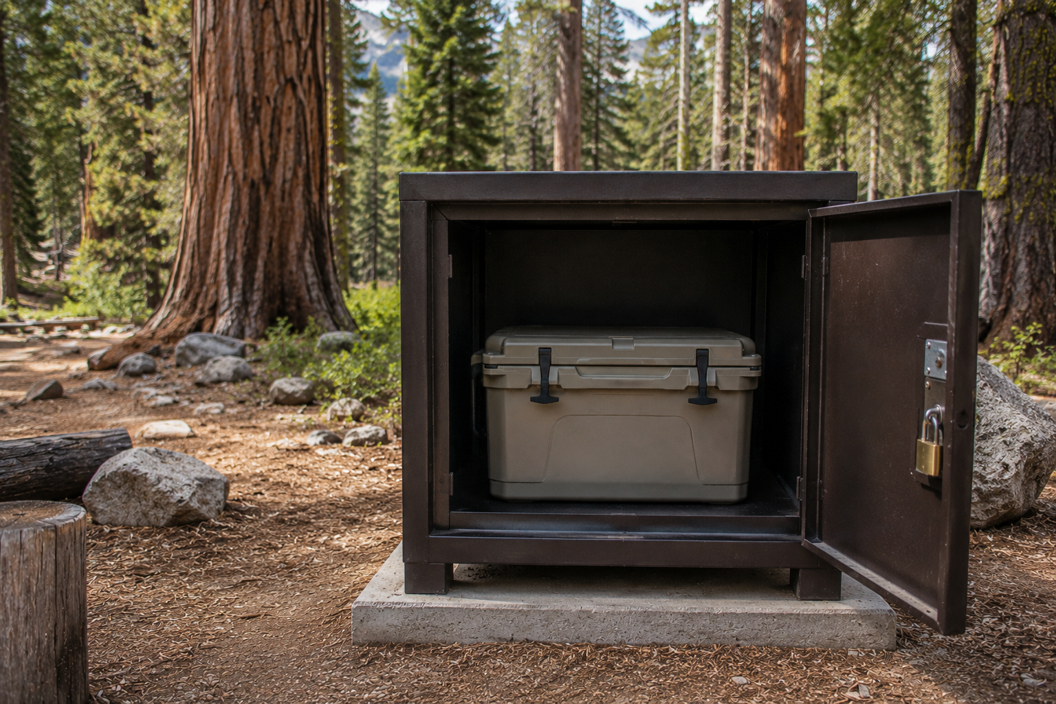 Cooler locked inside a metal bear-resistant storage box at Sequoia and Kings Canyon