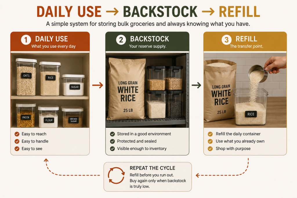 (Daily Use → Backstock → Refill)
Diagram showing the Daily Use, Backstock, and Refill system for organizing bulk pantry groceries in a repeating cycle