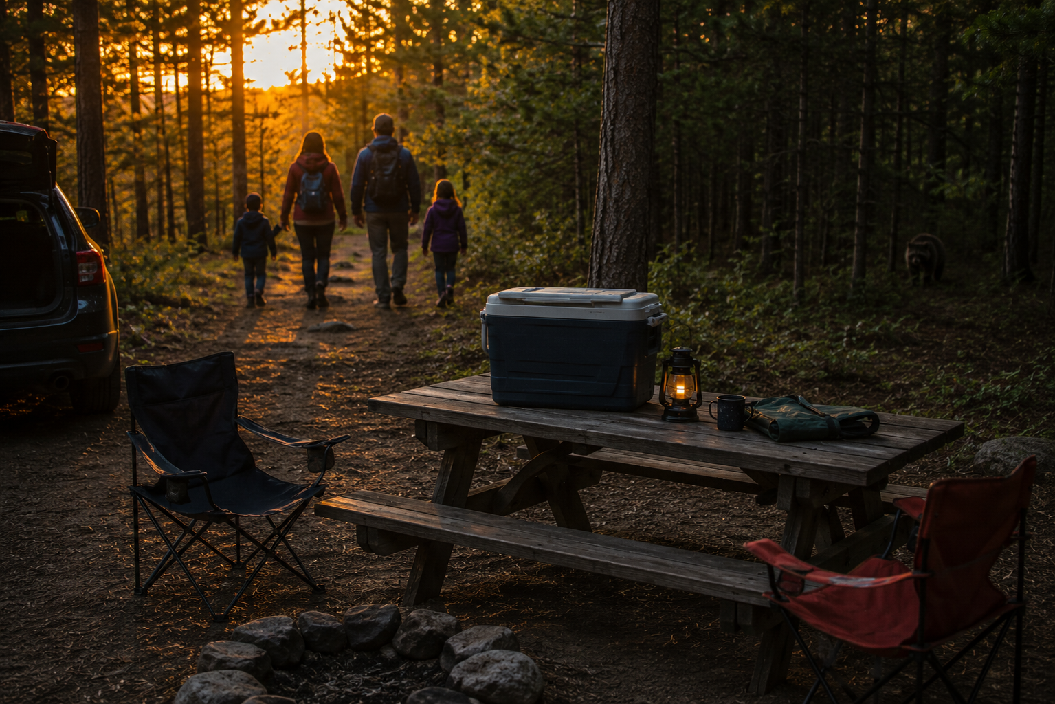 Family leaving their campsite while wildlife watches from the treeline near the unattended cooler