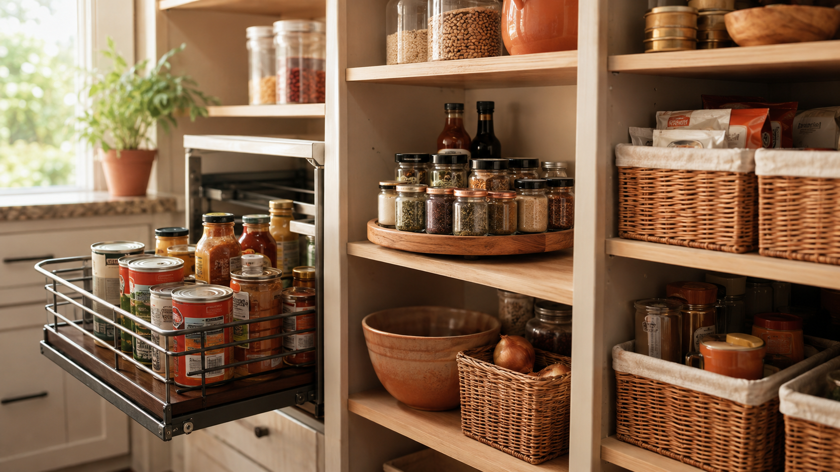 Deep pantry shelf organized with a pull-out bin, a turntable, and zoned baskets for food storage