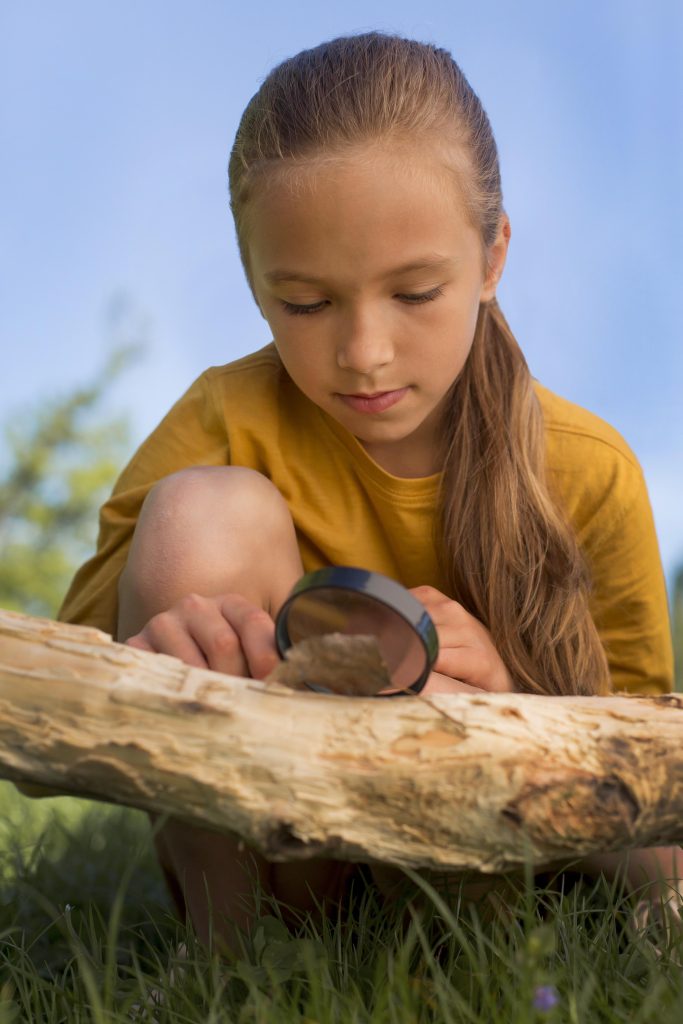 "Child examining tree bark with a magnifying glass outdoors"