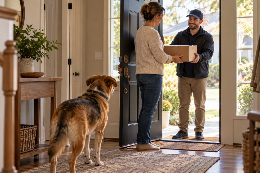 An owner at the front door glances back at their dog during an ordinary visit, observing how it reacts.