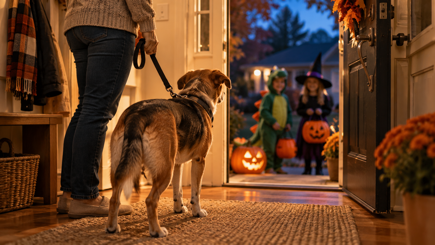 A parent holding a leash pauses at the front door, watching their still dog as trick-or-treaters wait outside.