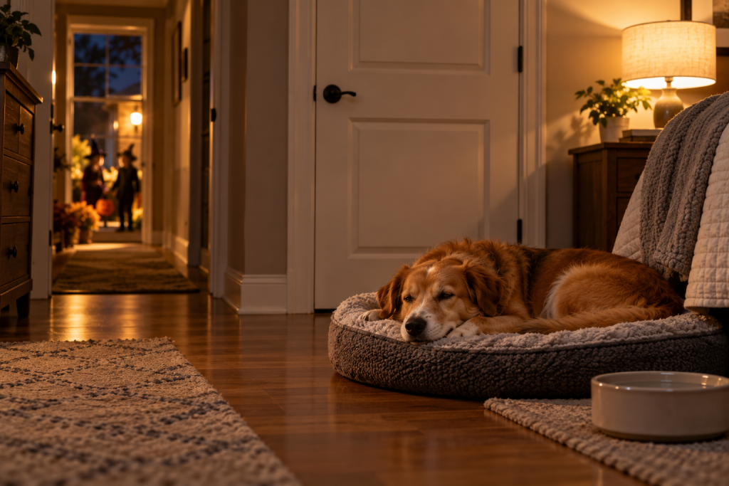 A dog resting on its bed in a quiet, closed room while trick-or-treaters arrive at the front door.