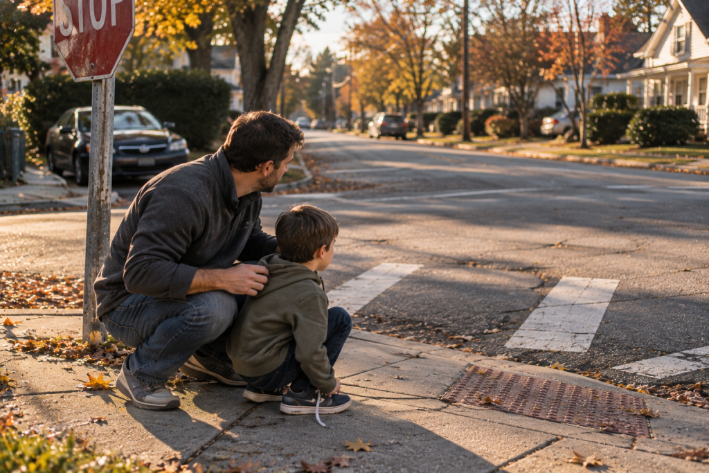A parent crouching to a child's eye level at a street corner, both looking toward oncoming traffic together.