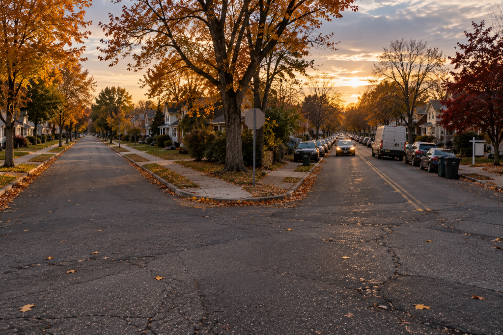 Side-by-side comparison of a quiet, clear-sightline street and a busier street with curb parking on each side.