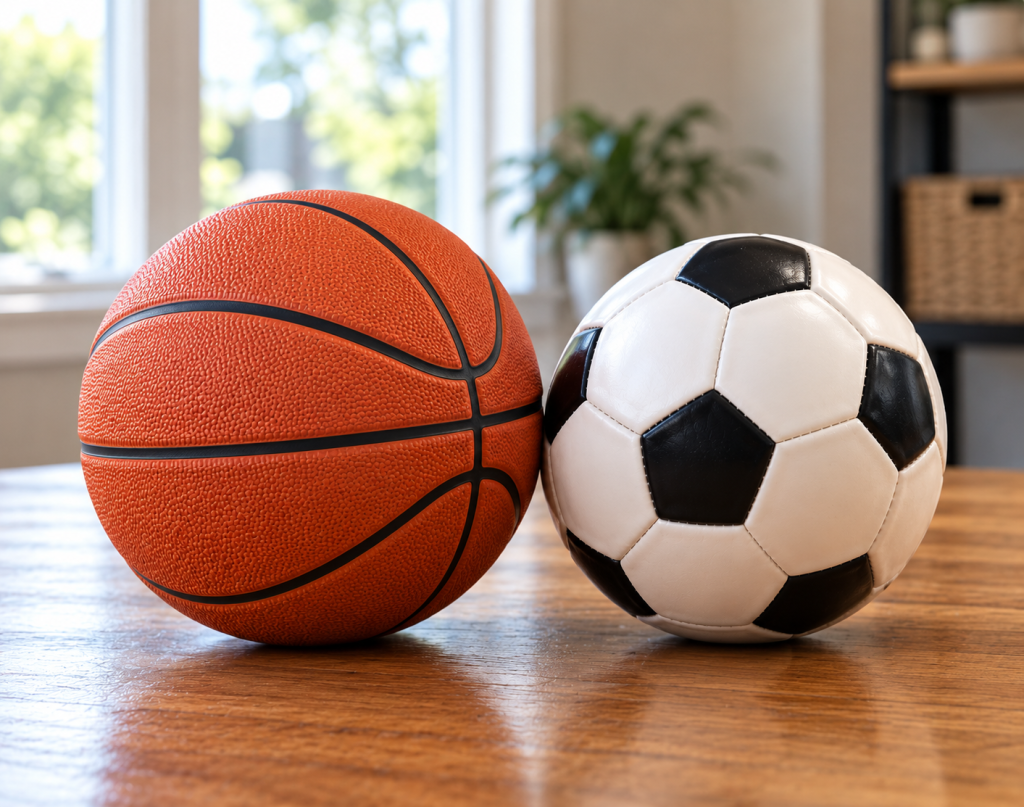 A Basketball and a soccer ball side by side to show the size difference. 