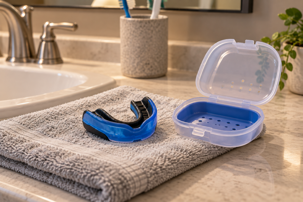 A mouthguard drying on a towel beside an open, vented case.