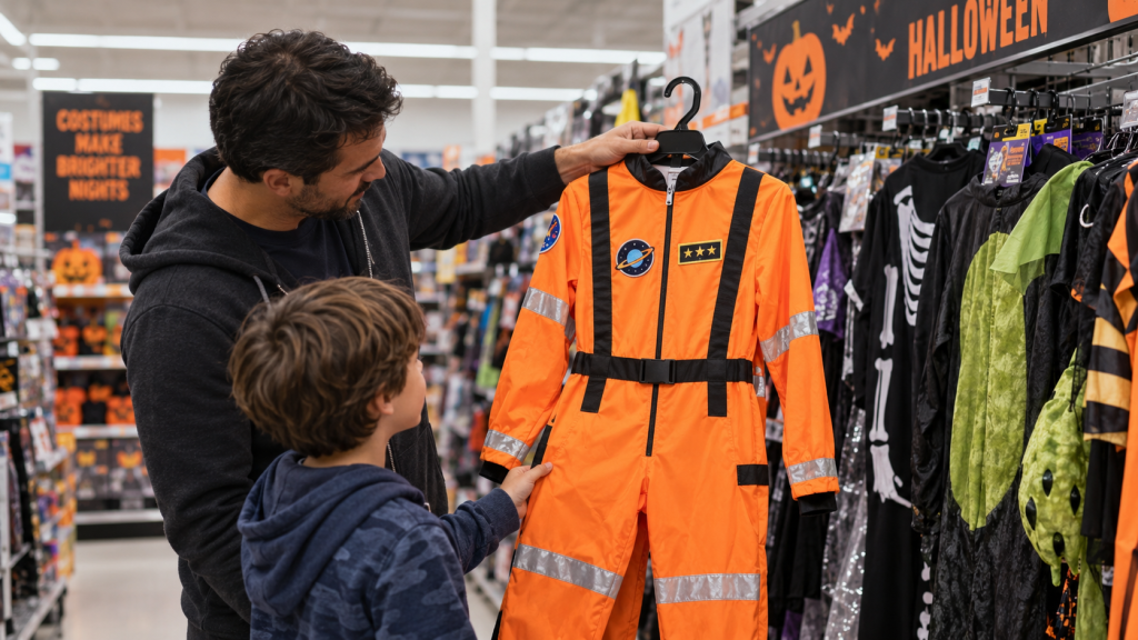 Parent and child choosing a bright orange Halloween costume in a store aisle.