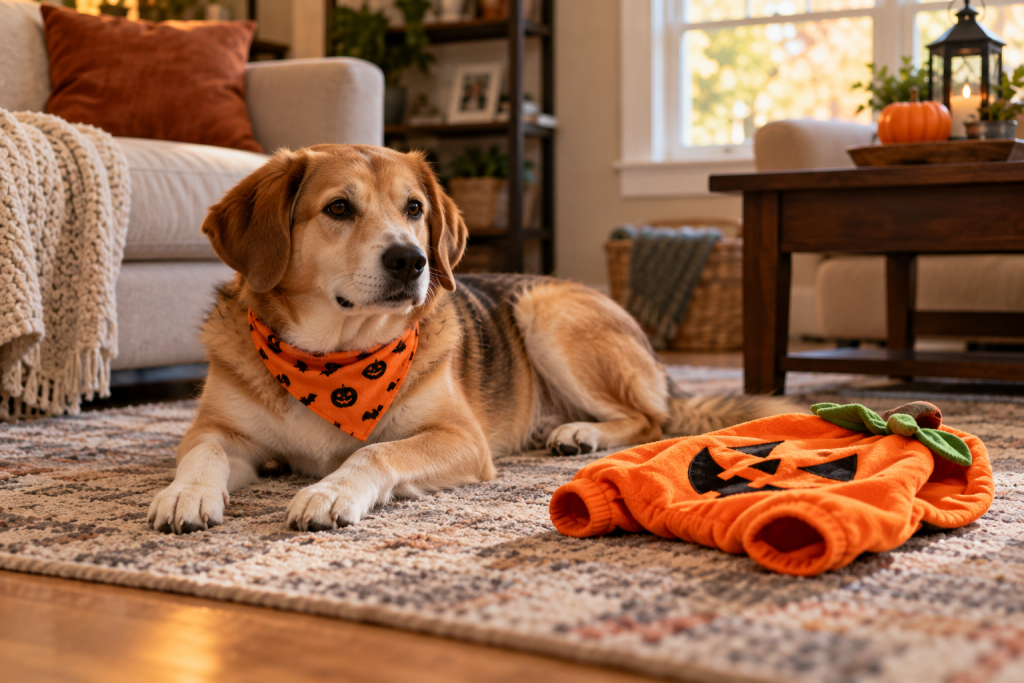 A relaxed dog wearing a simple festive bandana, with an unused full costume lying nearby.