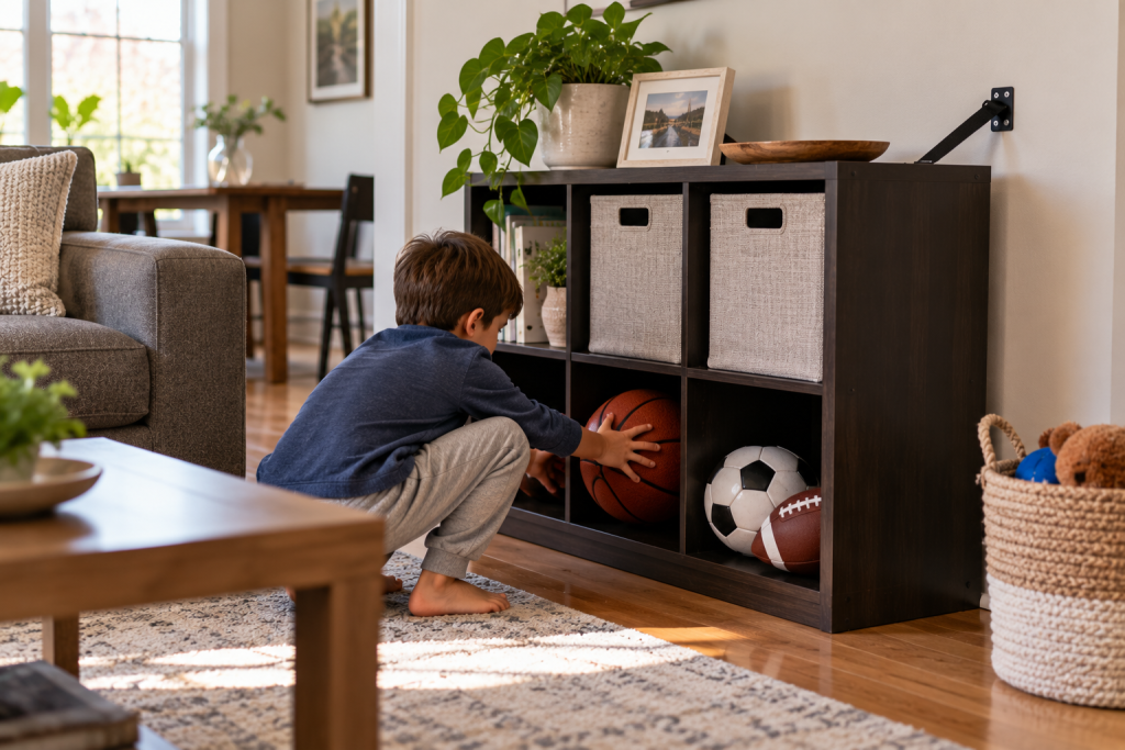 A low cube shelf anchored to the wall with balls stored on the bottom shelf