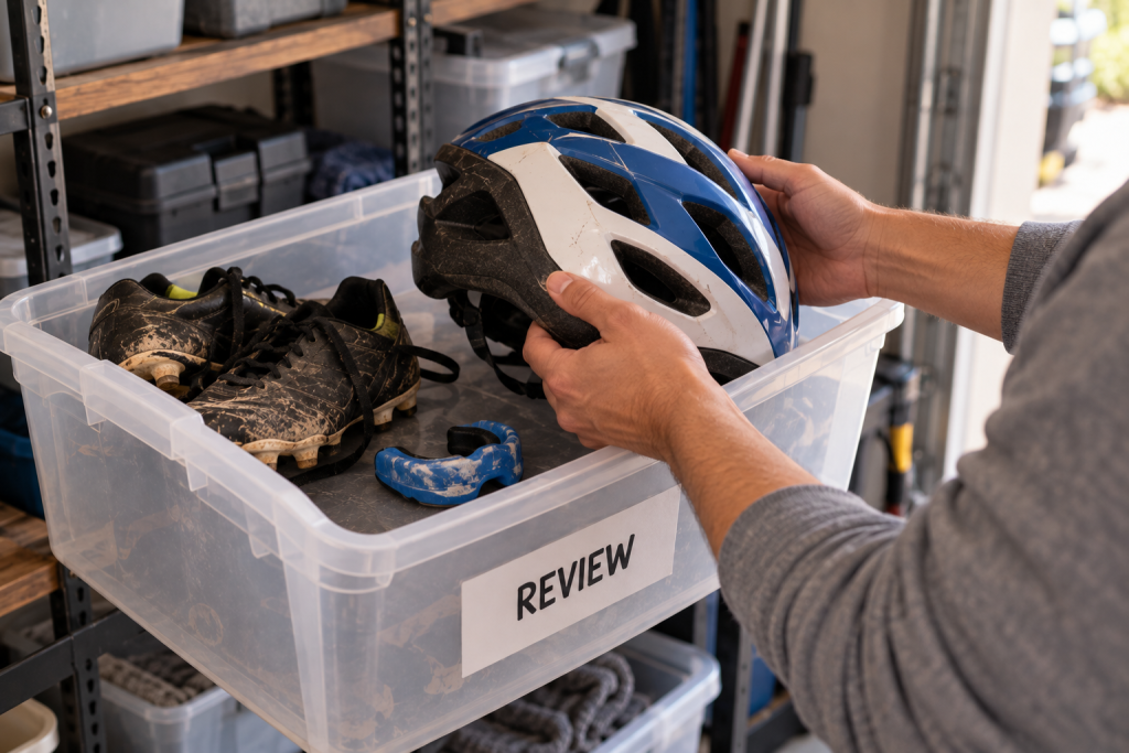 A labeled review bin holding a helmet, outgrown cleats, and a worn mouthguard.