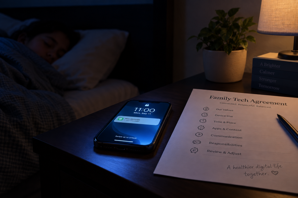 A phone notification lighting up late at night next to a signed family tech agreement.