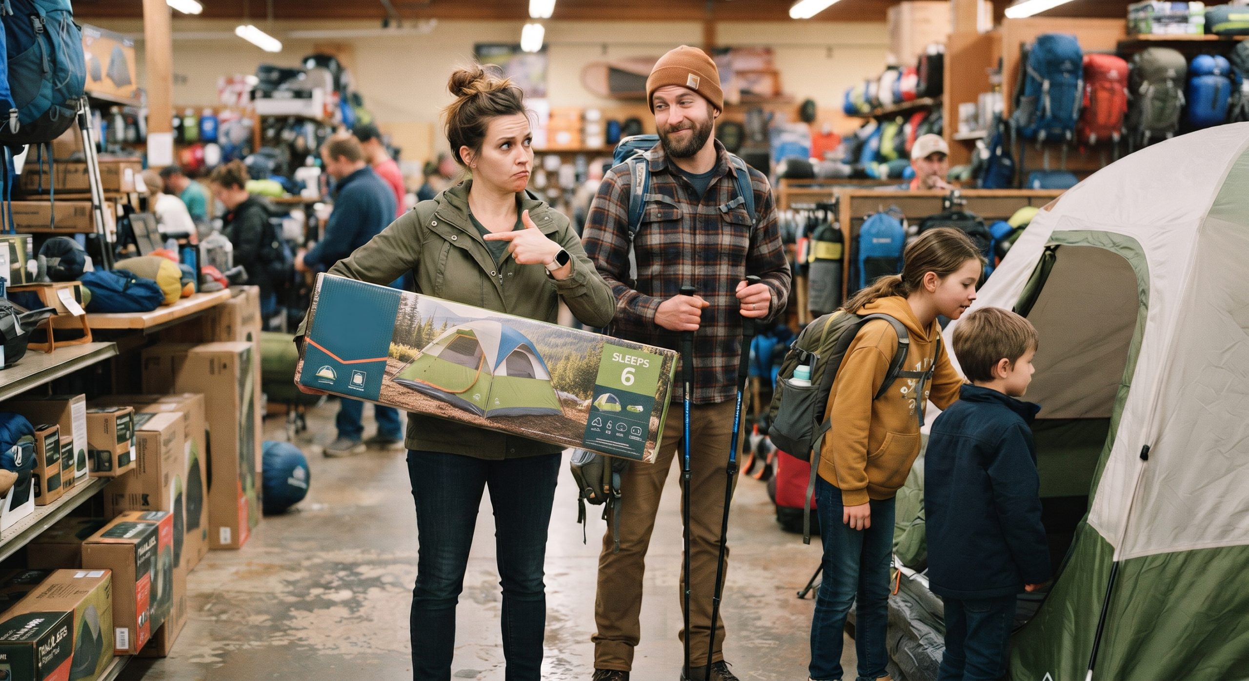 Parents skeptically checking a "Sleeps 6" capacity label on a tent box in a camping store, with two kids nearby