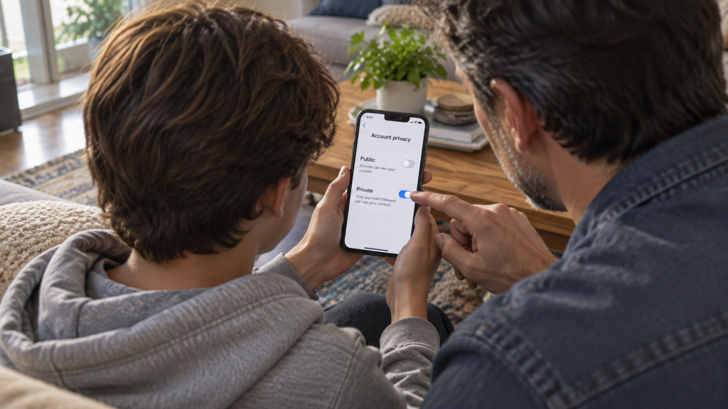 Parent and preteen child reviewing privacy settings together on a smartphone, with the account set to private.
