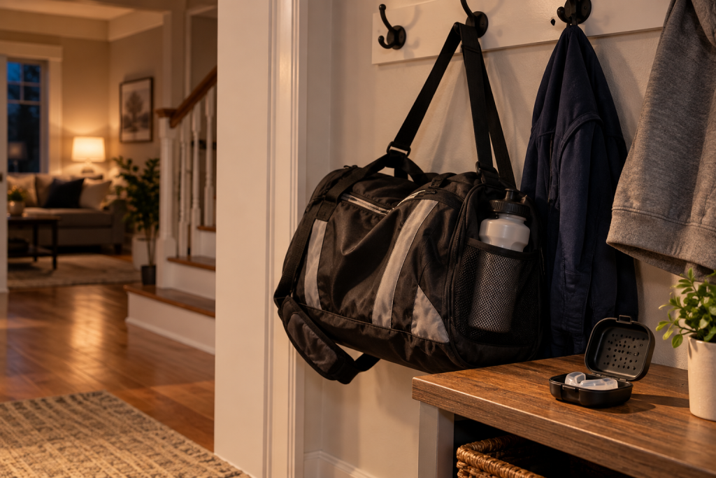 A packed game-day bag on its hook with a vented mouthguard case beside it
