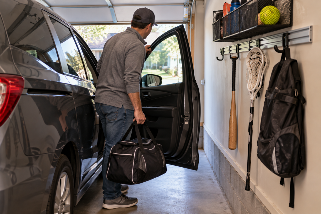 A parent checking clearance between an open minivan door and a garage wall storage track.