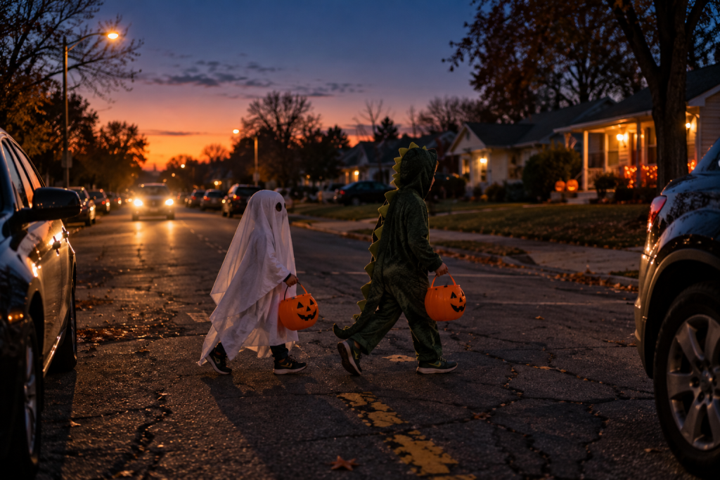 Costumed children crossing a residential street at dusk on Halloween evening, with a car's headlights visible nearby.