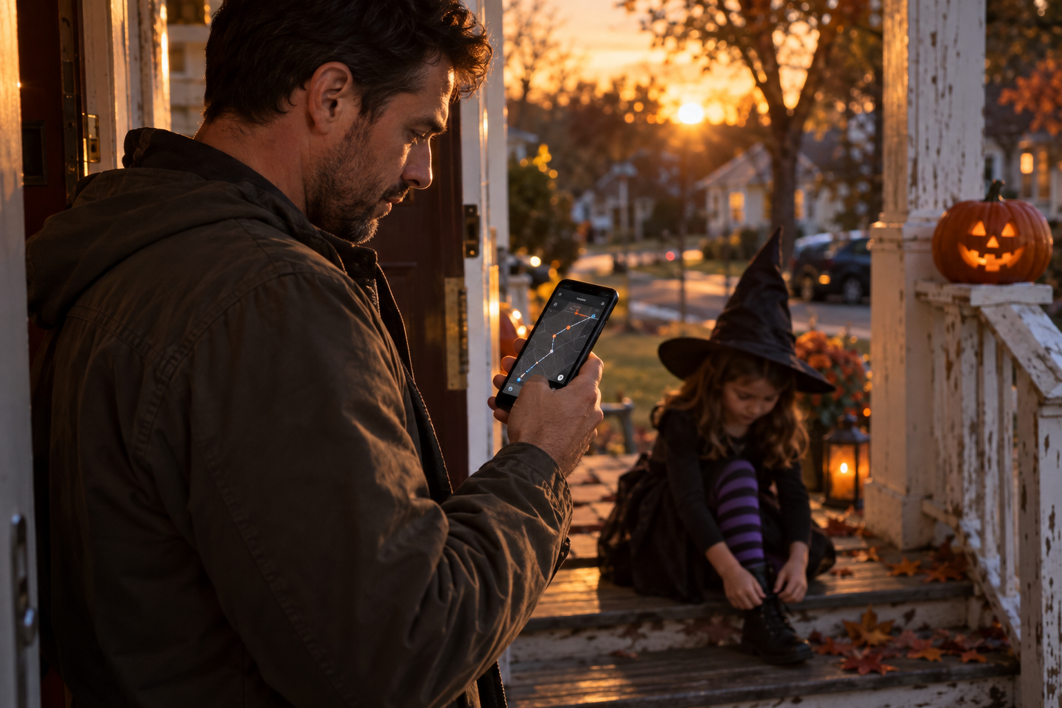 A parent in a doorway at golden hour on Halloween, checking a mapped route on their phone while a costumed child ties their shoe on the porch behind them.