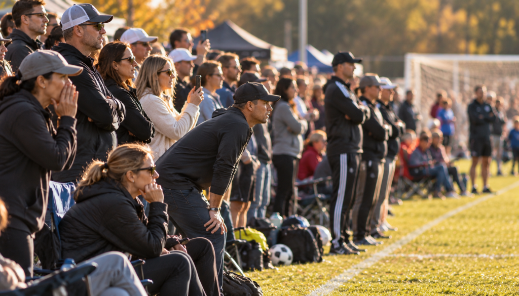 Parents and coaches crowded along the sideline, watching a youth sports game.