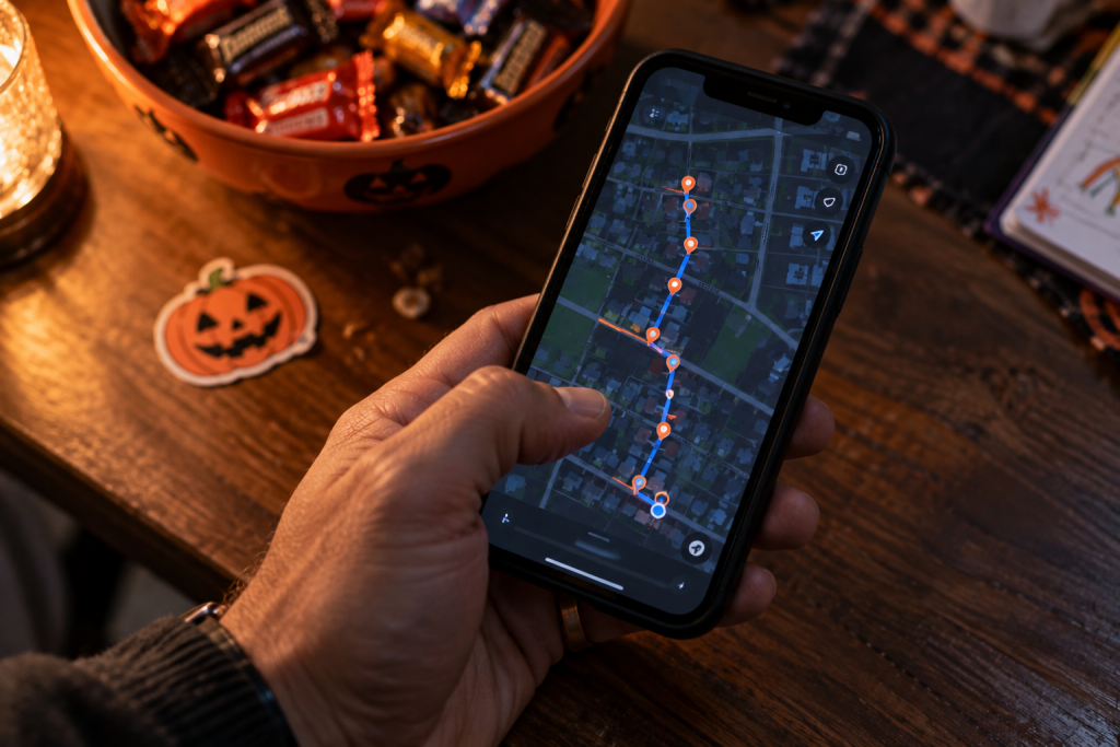 A parent's hand holding a phone showing a walking route with marked street crossings on a kitchen table.