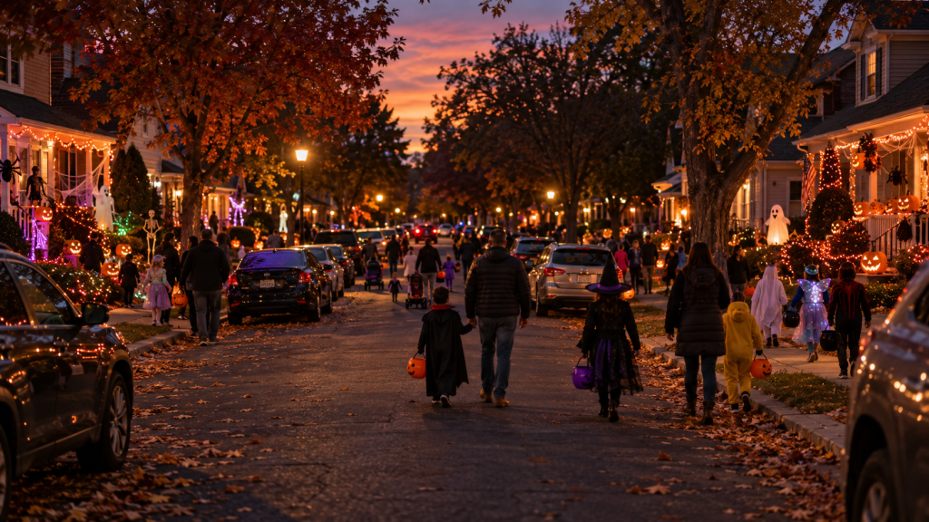 A decorated, porch-lit residential Halloween street crowded with lights, cars, and trick-or-treaters.