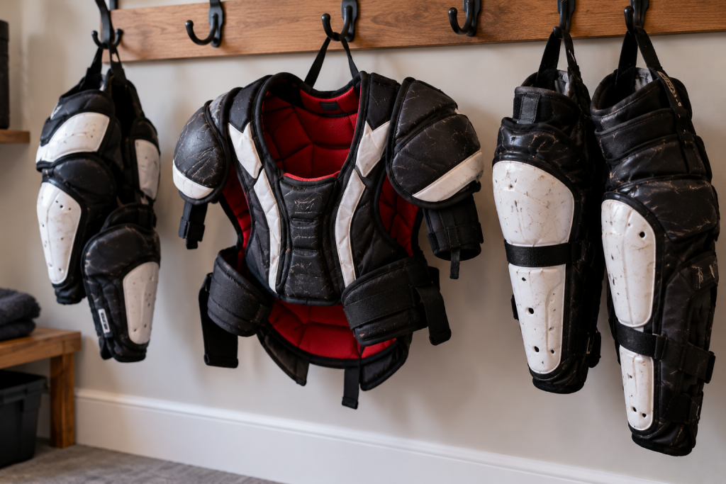 Protective hockey gear hanging open on spaced hooks so air can circulate.