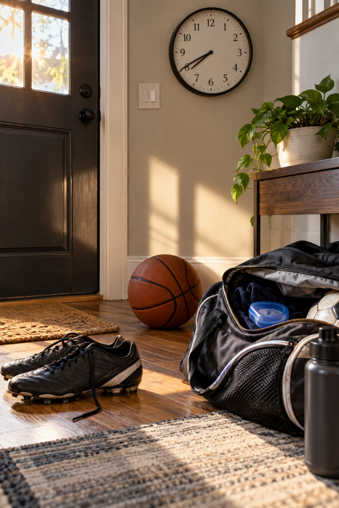 Sports gear scattered in a family entryway on a Saturday morning, with a mouthguard case inside a soccer bag.