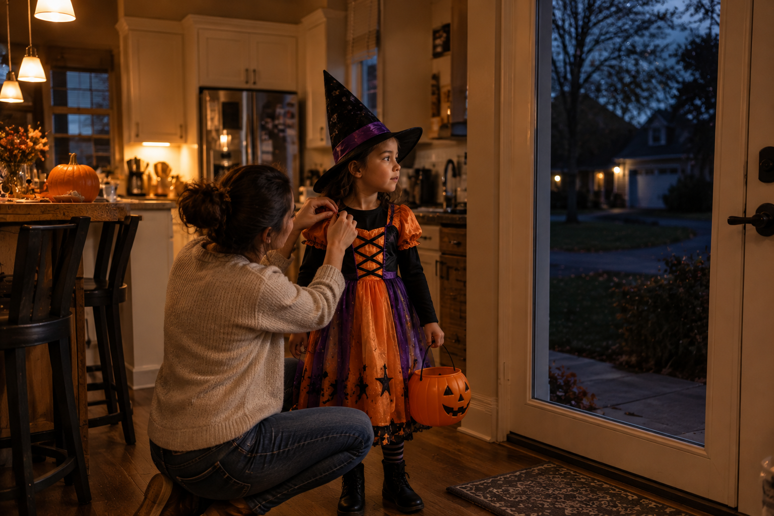 Parent adjusting a child’s bright Halloween costume in a warmly lit kitchen before heading outside at dusk.