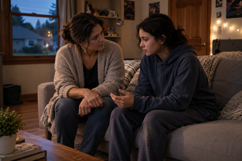 A parent now sits beside their teenager on the same couch from the opening scene, mid-conversation.