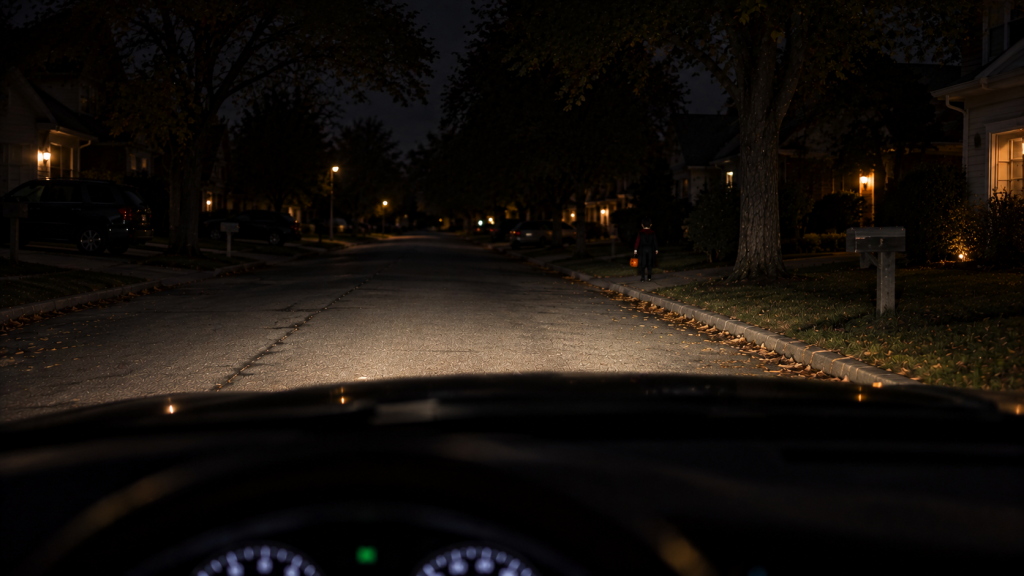 A driver's view through a windshield at night, headlights lighting a dark street with a distant child visible ahead."
