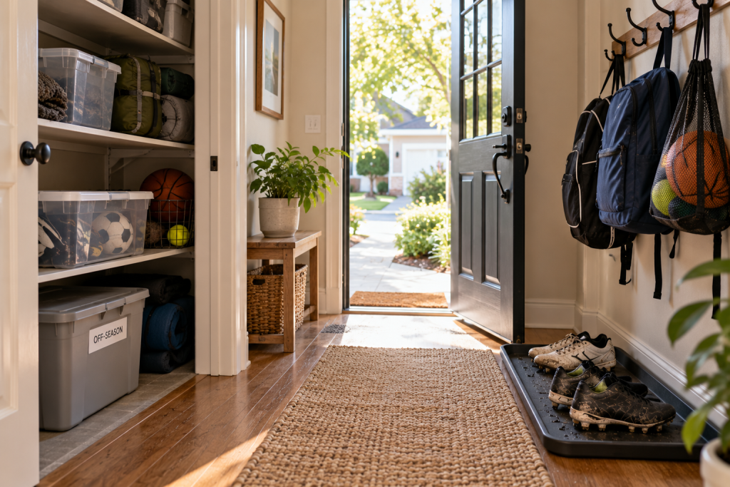 A narrow entryway organized into drying, ready, off-season, and review spots with a clear path.