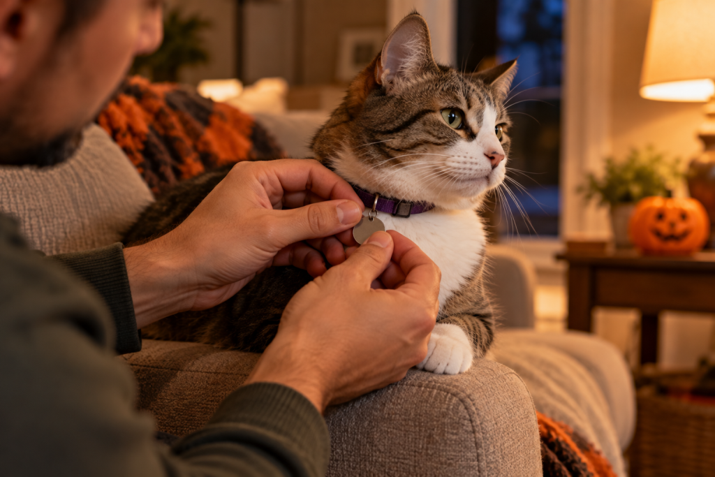 An adult checks the ID tag on a calm cat's collar before Halloween evening.