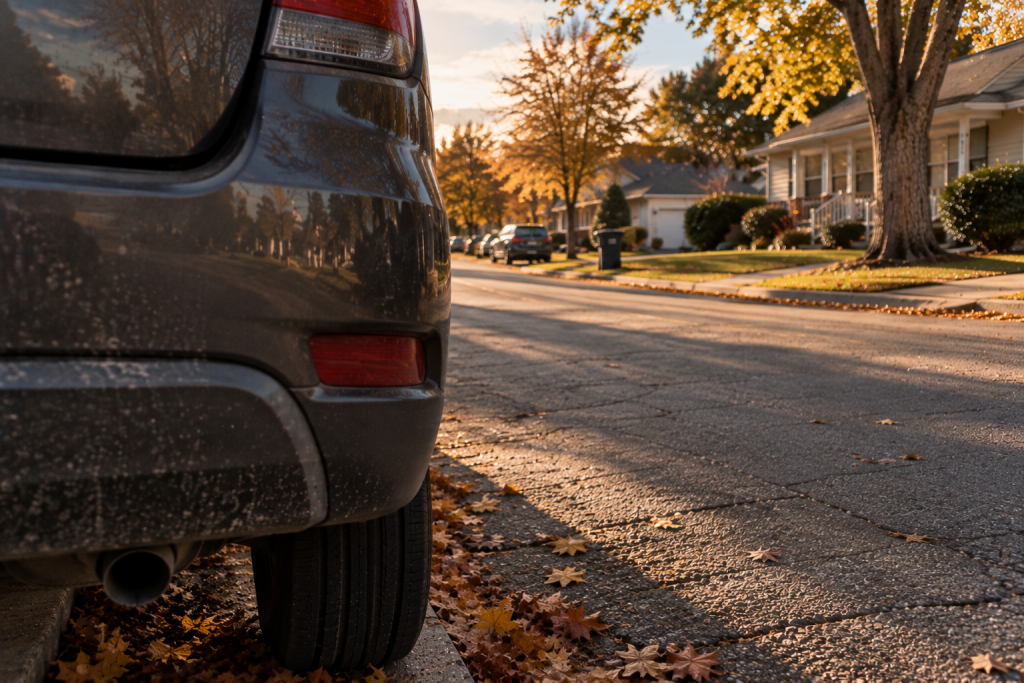 A child's-eye view from behind a parked SUV, showing how little of the street is visible from that vantage point.