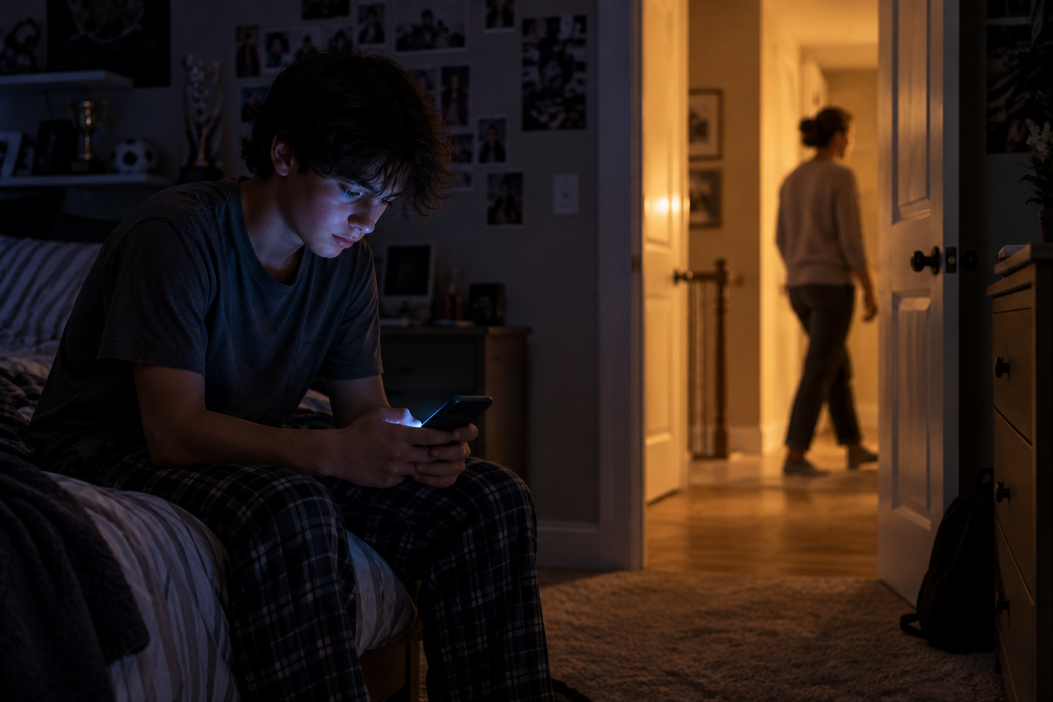 A teenager sitting on their bed at night lit by a phone screen, with the bedroom door open and a parent visible passing in the hallway light.