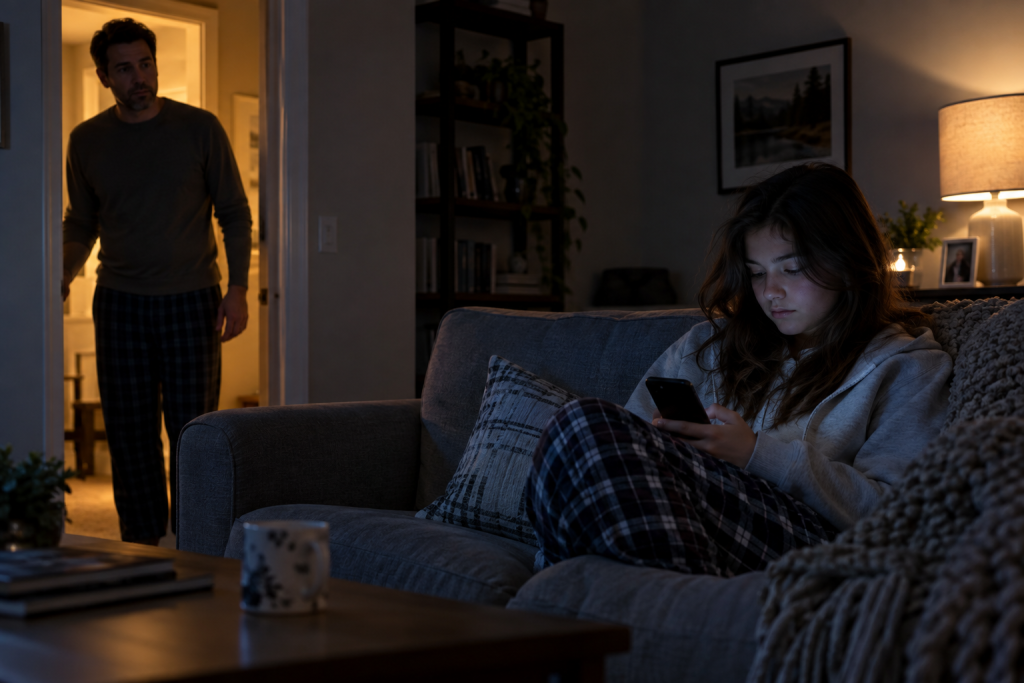 A father in a doorway watches his teenage daughter on her phone in a dark living room at night.